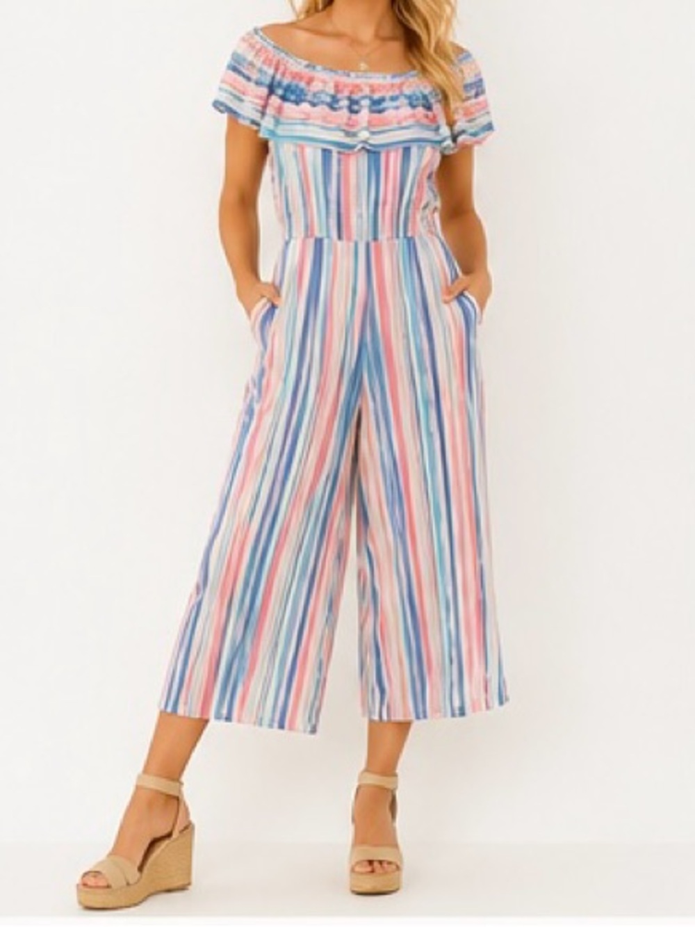 Liberty Love Off-Shoulder Striped Jumpsuit in Pastel Multi Stripe